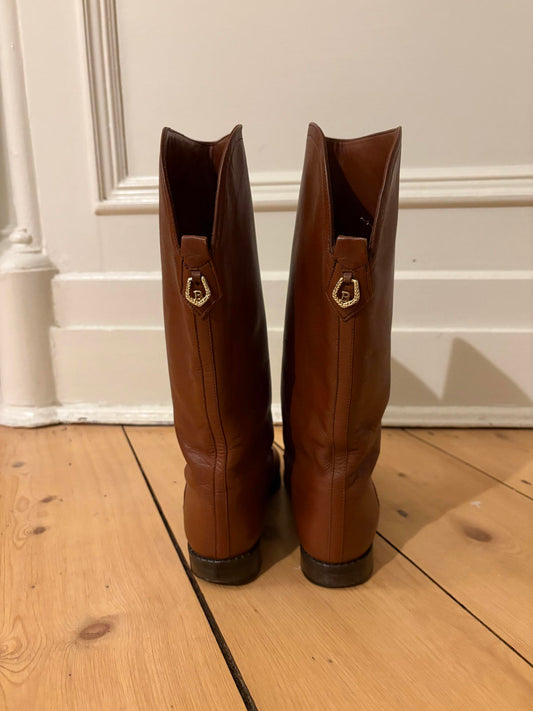 Vintage Bally Riding Boots – Cognac Leather with Gold Logo Detail – Size 4