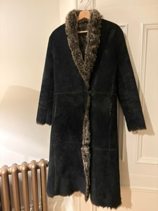 Y2K real suede / leather maxi coat with faux fur lining - Size 12 - Matt Black