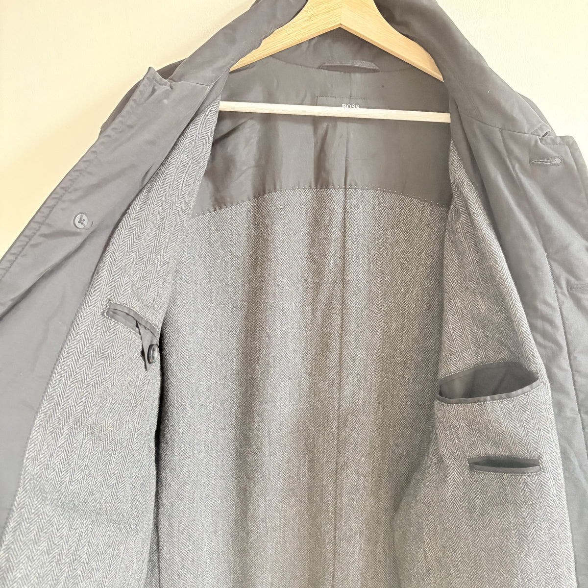 Hugo Boss | Black Long Car Coat Mac | Wool Lined | Minimalist Menswear 42R M/L