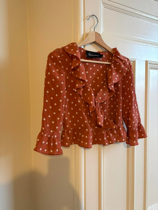 Réalisation Par Cher Top French Girl Polka Dot Wrap Blouse – Size XS, Rust Spot