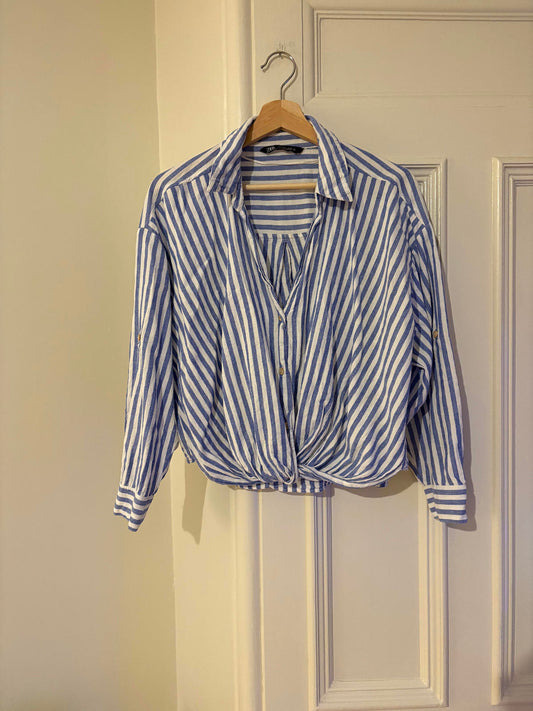 Zara Blue & White Stripe Twist Front Blouse in Size L (UK 12–14)