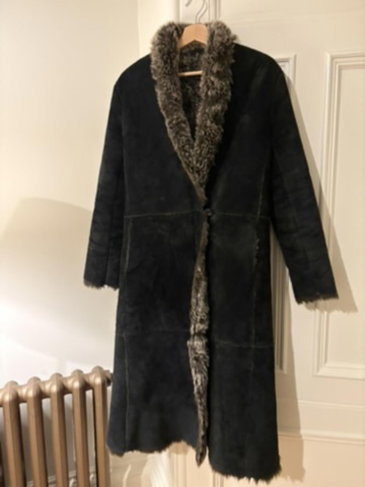 Y2K real suede / leather maxi coat with faux fur lining - Size 12 - Matt Black