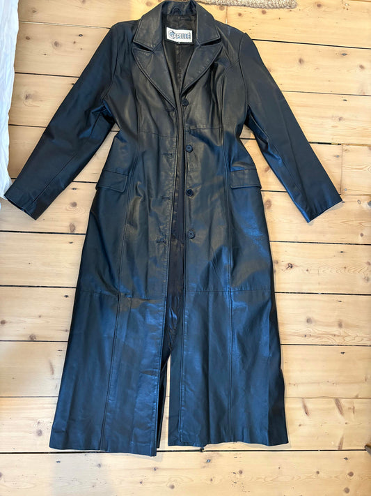 Authentic Y2K Capelle Women’s Real Leather Longline Trench Coat – Size 14