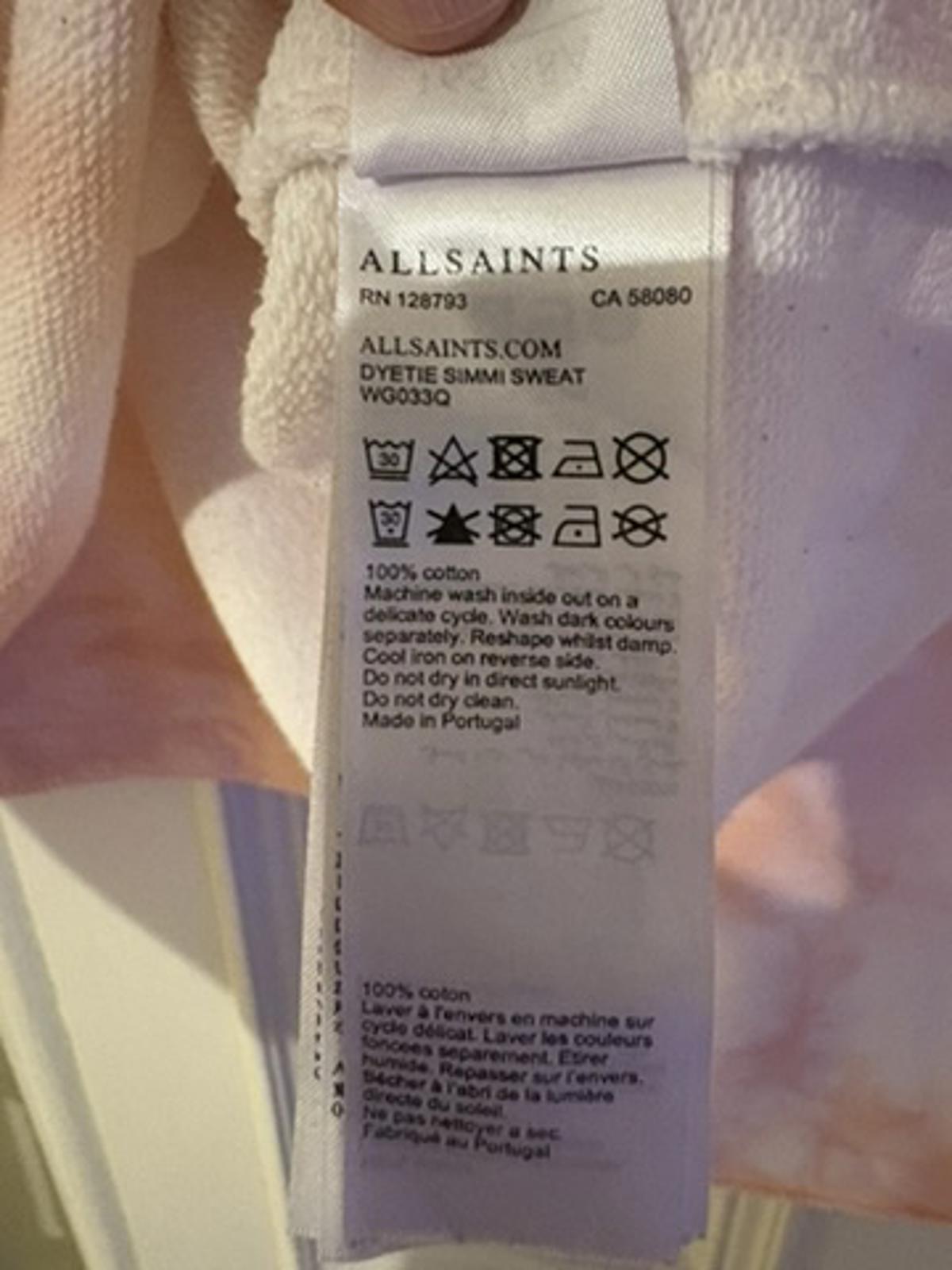 AllSaints Tie-Dye Sweatshirt in Blush Pink. Soft Grunge, Pastel Core, Size M