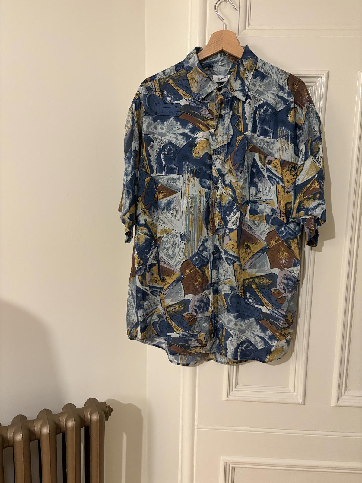 Vintage 90s Signe Incognito 100% Silk Abstract Print Shirt – Blue/Gold Large