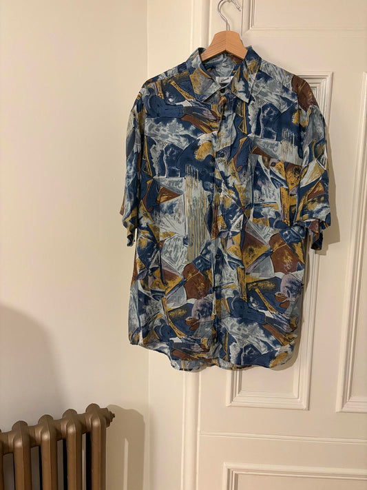 Vintage 90s Signe Incognito 100% Silk Abstract Print Shirt – Blue/Gold Large