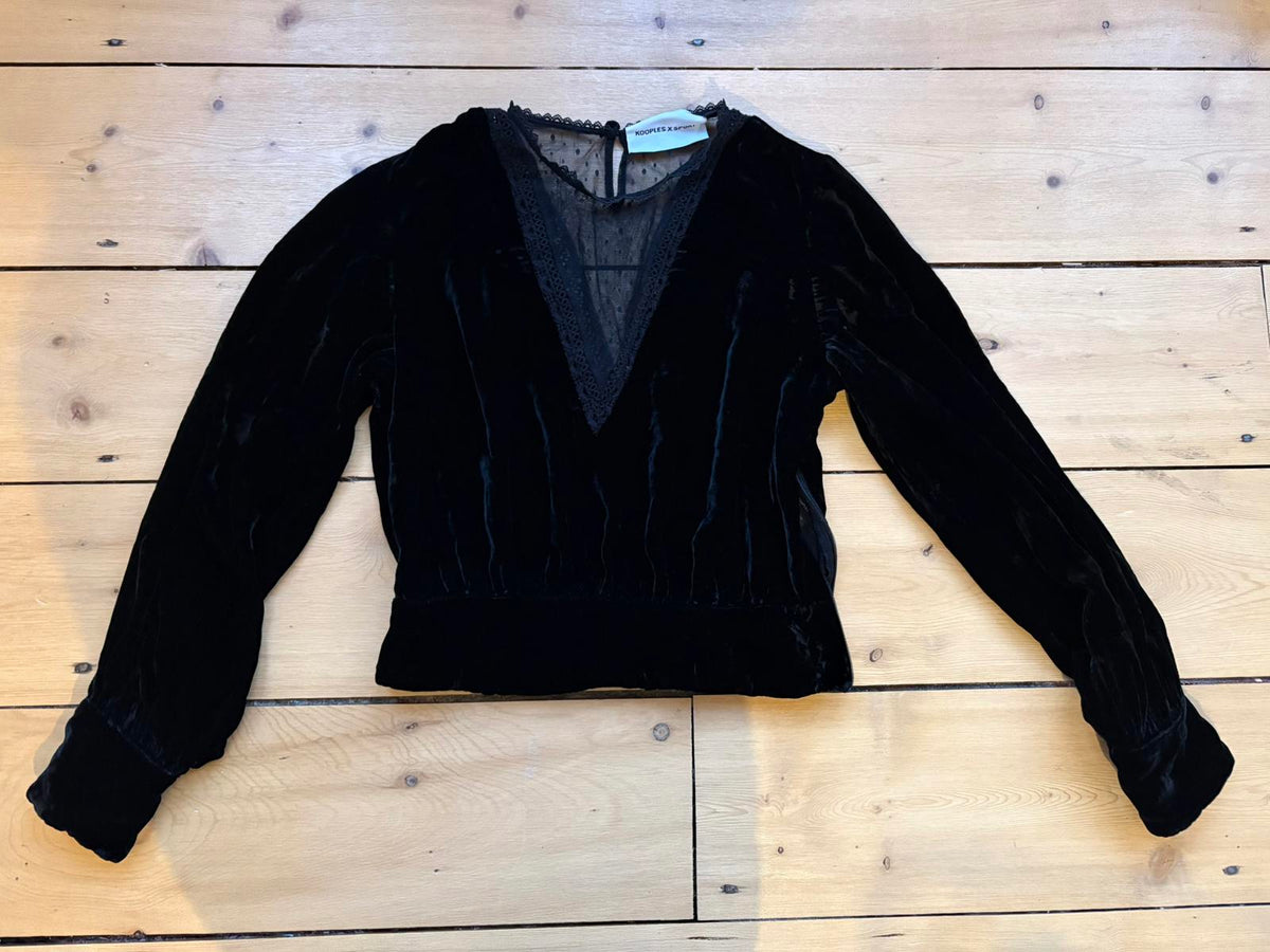 The Kooples Sport | Black Velvet & Lace Top | Velvet Silk & Lace Blouse Size 1