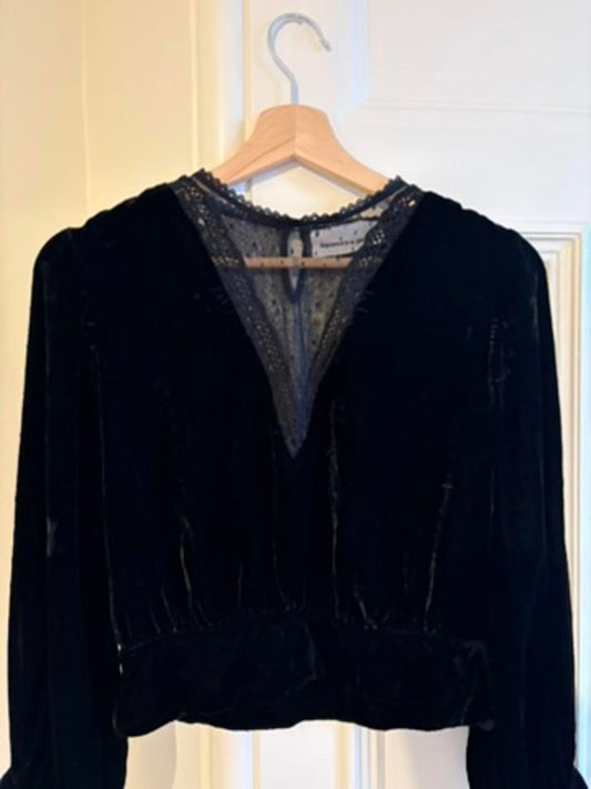 The Kooples Sport | Black Velvet & Lace Top | Velvet Silk & Lace Blouse Size 1