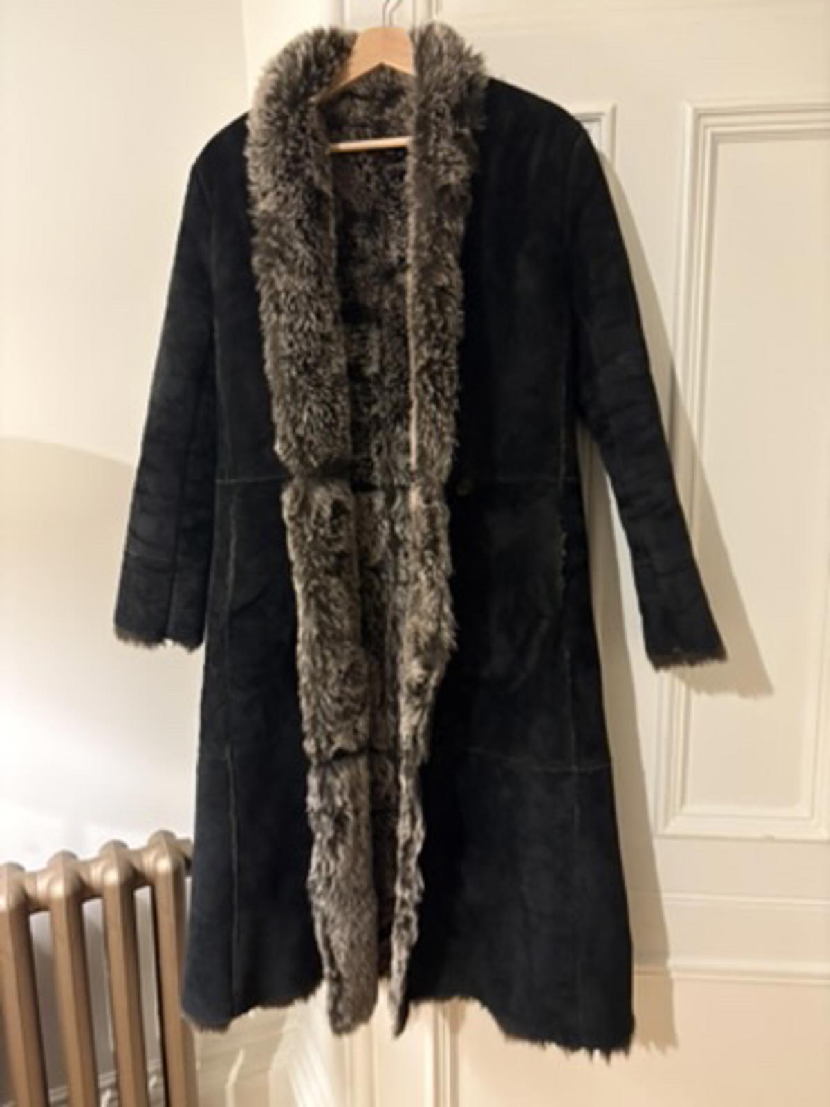 Y2K real suede / leather maxi coat with faux fur lining - Size 12 - Matt Black