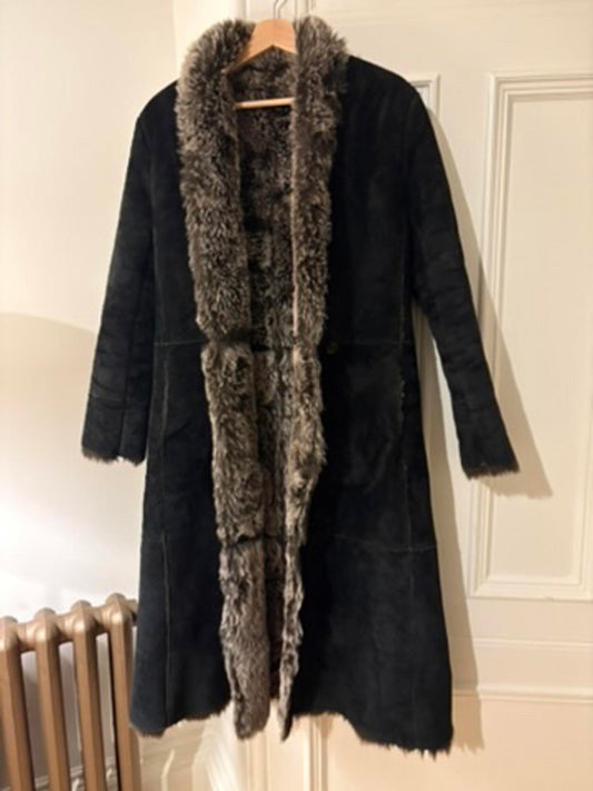 Y2K real suede / leather maxi coat with faux fur lining - Size 12 - Matt Black