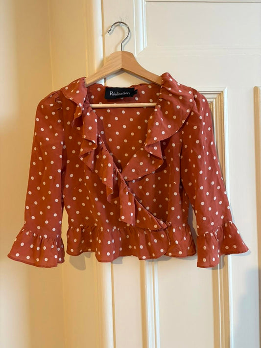 Réalisation Par Cher Top French Girl Polka Dot Wrap Blouse – Size XS, Rust Spot
