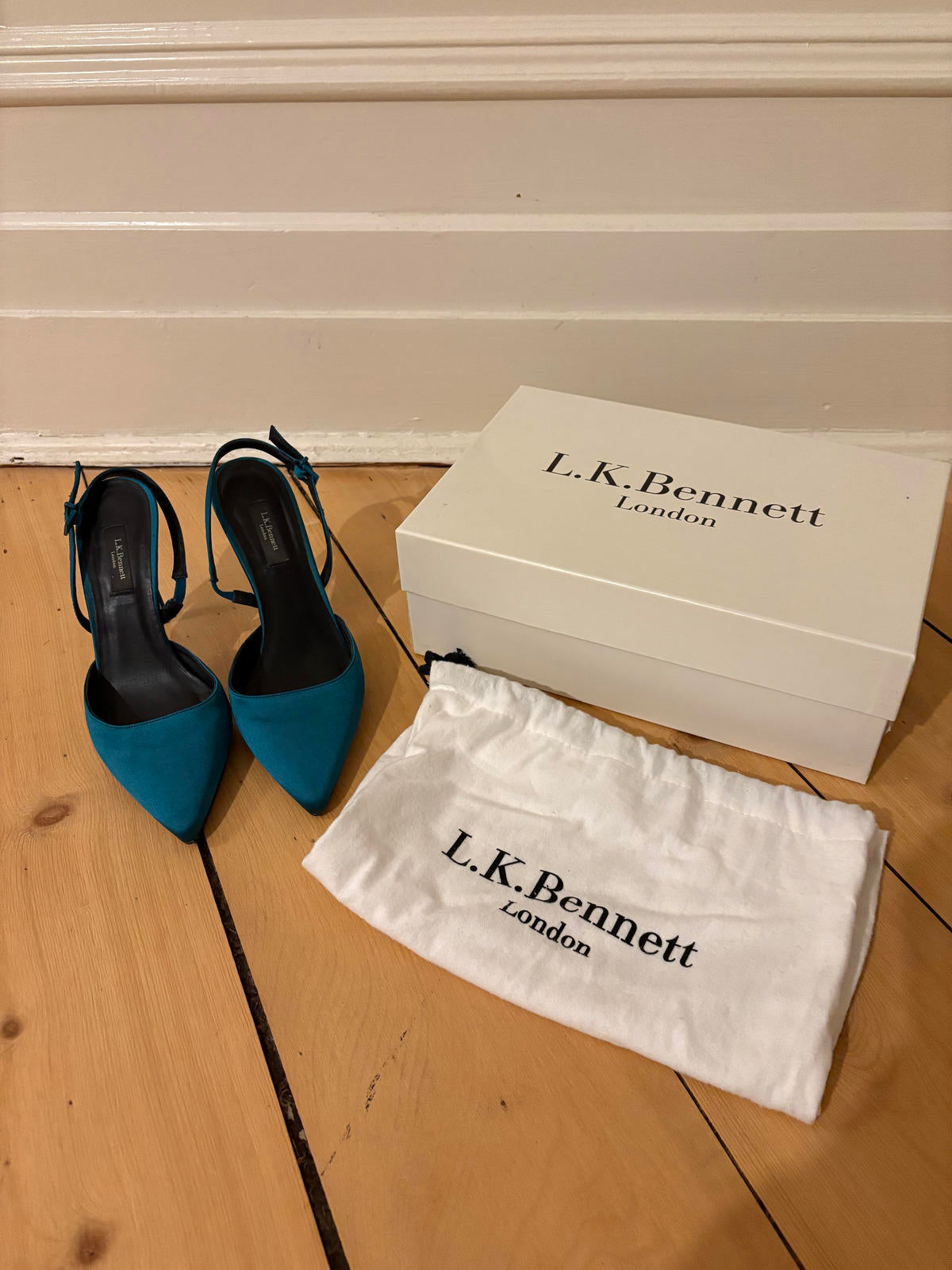 L.K. Bennett Hayden Satin Turquoise Heels – EU 38 / UK 5 – Elegant Slingbacks