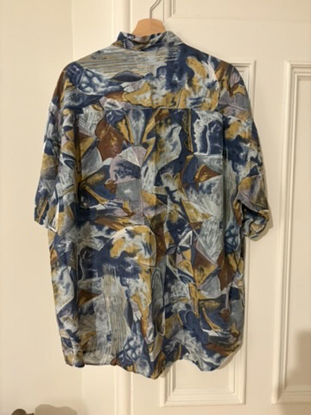 Vintage 90s Signe Incognito 100% Silk Abstract Print Shirt – Blue/Gold Large