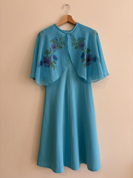 Vintage 60s/70s | Turquoise Cape Midi Dress | Boho Occasion | UK 10
