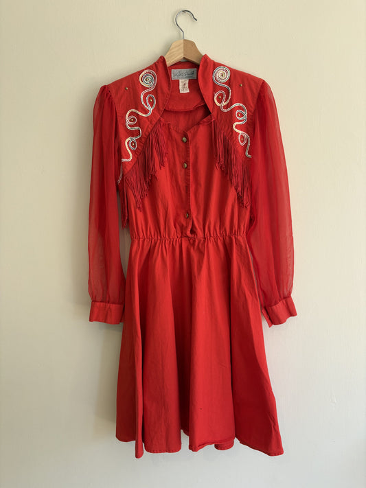 Lilia Smith Exclusive | Red Fringe Western Dress | Rodeo Cowgirl | UK 10