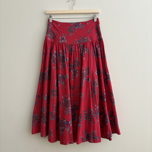 Vintage Laura Ashley Red Floral Ruffle Midi Skirt | Cottagecore Prairie | UK 12