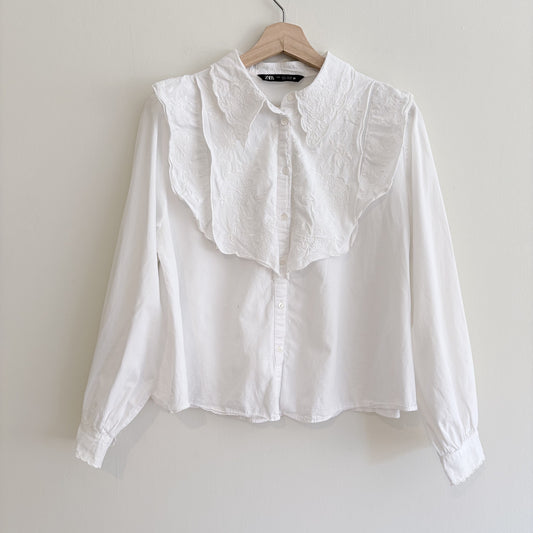 Zara | Embroidered Bib Blouse | White | Prairie Romantic | Size S