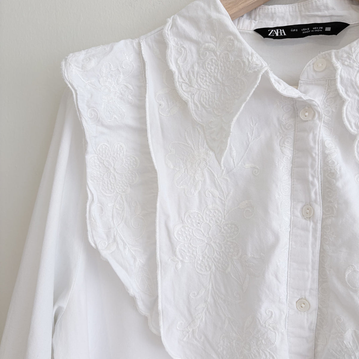 Zara | Embroidered Bib Blouse | White | Prairie Romantic | Size S