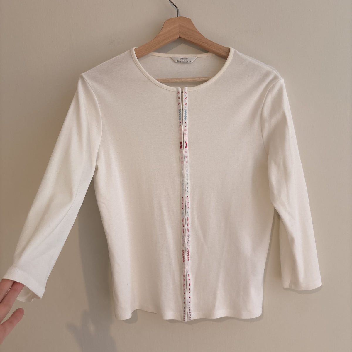Vintage St Michael | White Embroidered Cardigan Top | 90s Folk | UK 12