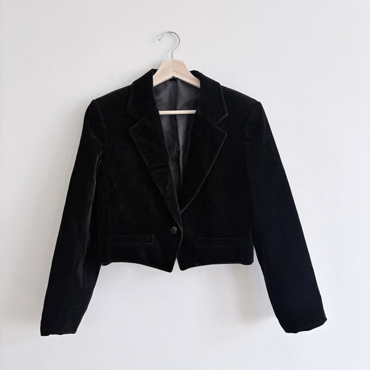 St Michael Cropped Velvet Blazer Black UK 12, 80s Glamour Romantic Goth Academia