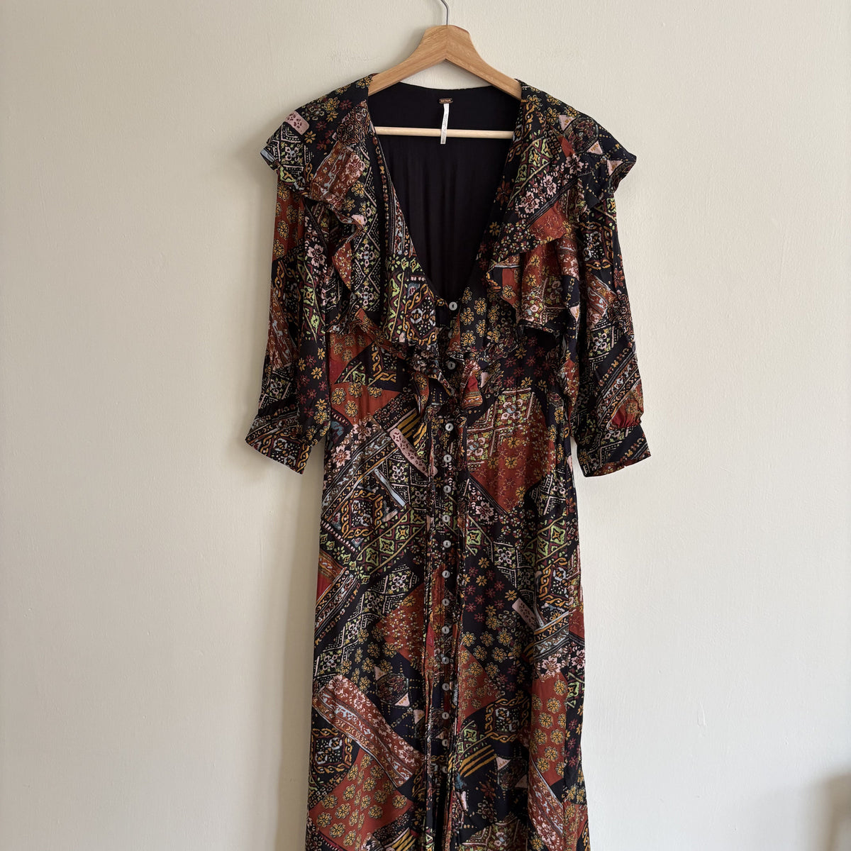 Free People Maxi Wrap Dress Brown Maroon Size S, Boho, Whimsigoth, Folk Romantic