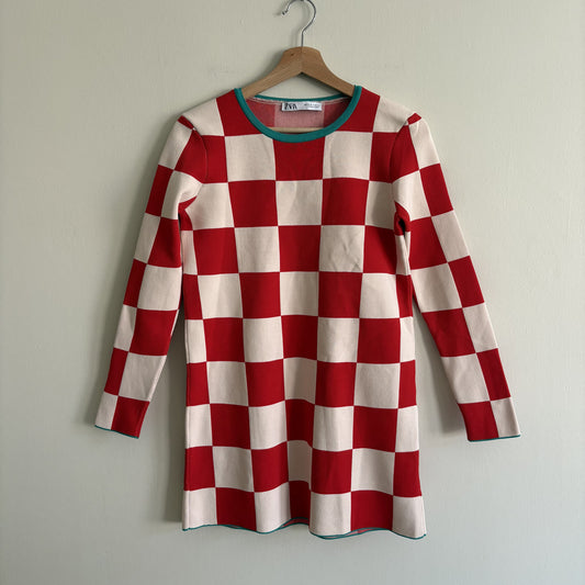 Vintage Zara Checkerboard Knit Mini Dress, Red & Cream, Size S, Retro, Halloween