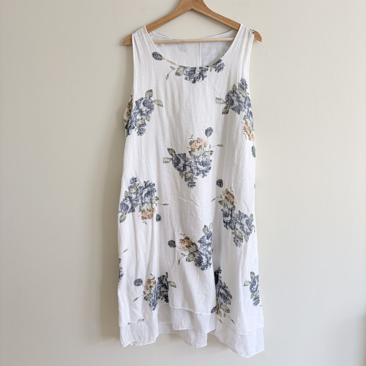 Vintage Italian Floral Midi Dress, White & Blue, Soft Romantic, Italian Summer