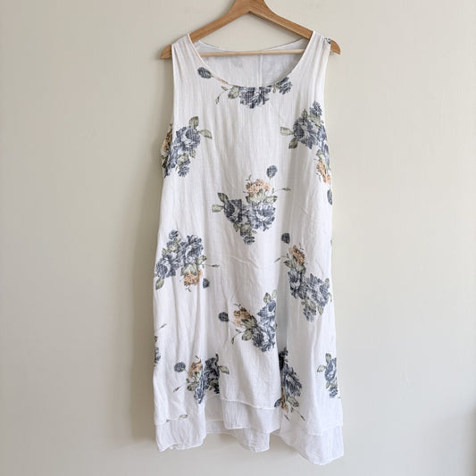 Vintage Italian Floral Midi Dress, White & Blue, Soft Romantic, Italian Summer