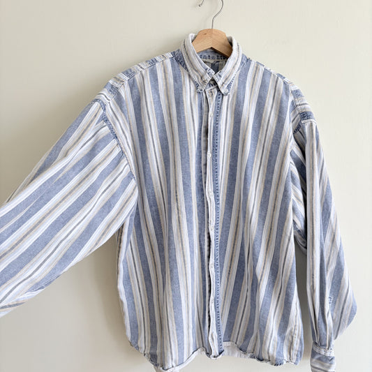 Vintage Striped Denim Shirt, Blue & Cream, 12-14, 90s, Coastal, Grandad Core