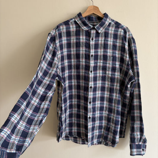 M&S Pure Linen Check Shirt, Navy, XL, British Heritage, Grandad Core, Coastal