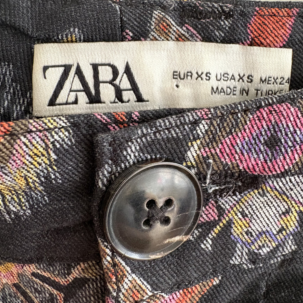 Vintage Zara Printed Trousers, Black Multi, XS, Whimsigoth, Boho, Folk, 90s