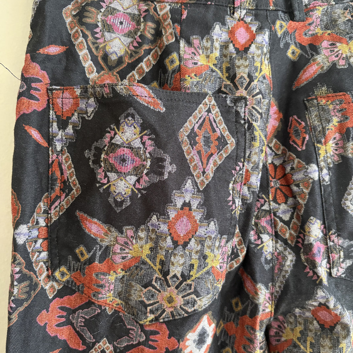 Vintage Zara Printed Trousers, Black Multi, XS, Whimsigoth, Boho, Folk, 90s