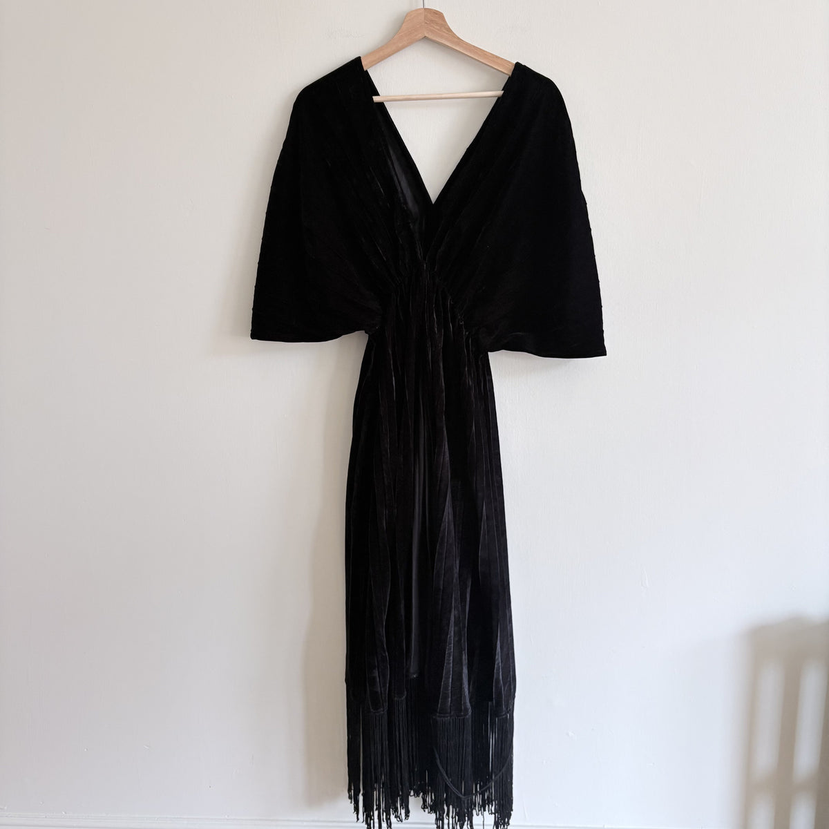 Anthropologie | Black Velvet Fringe Duster | Gothic Boho Dark Romantic| One Size