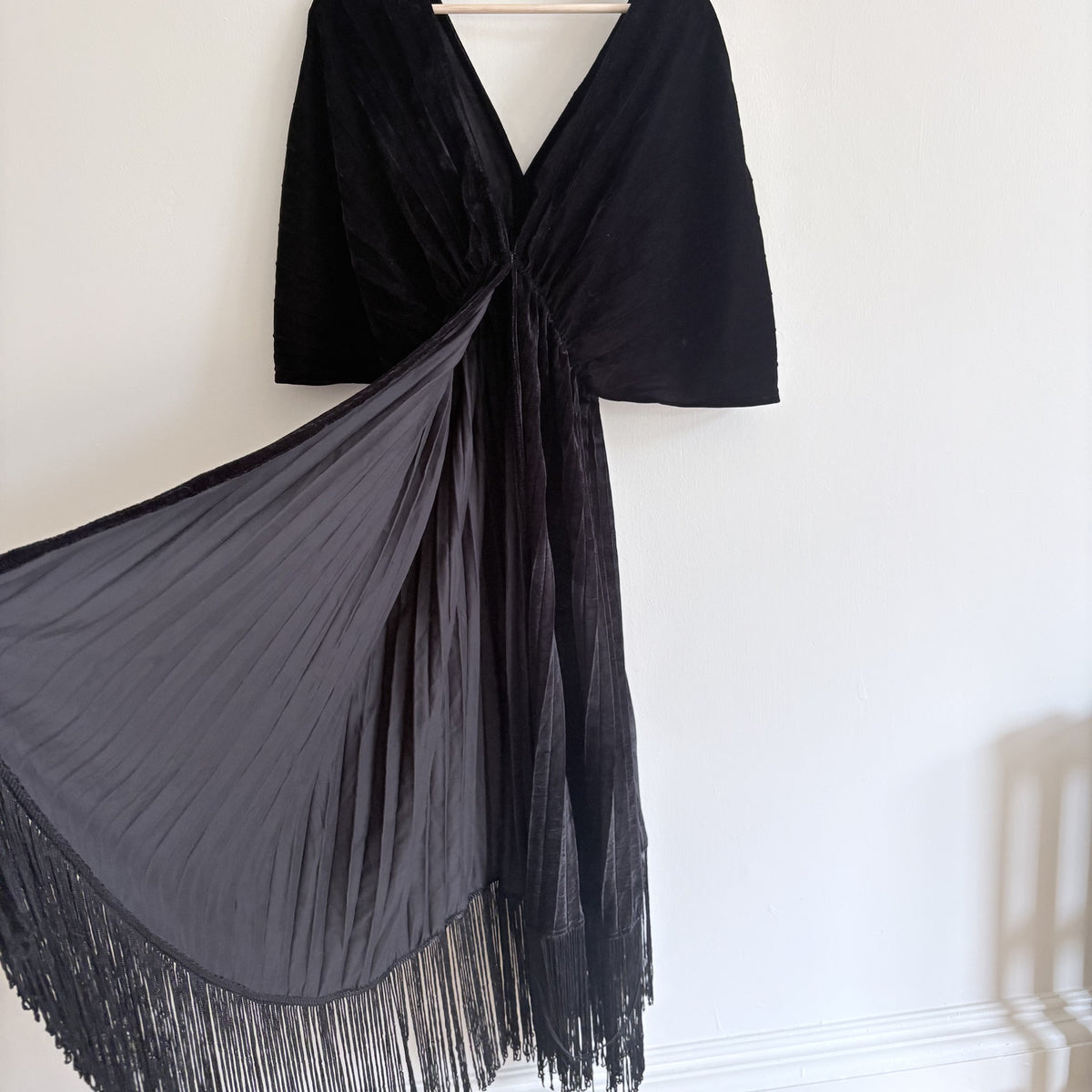 Anthropologie | Black Velvet Fringe Duster | Gothic Boho Dark Romantic| One Size