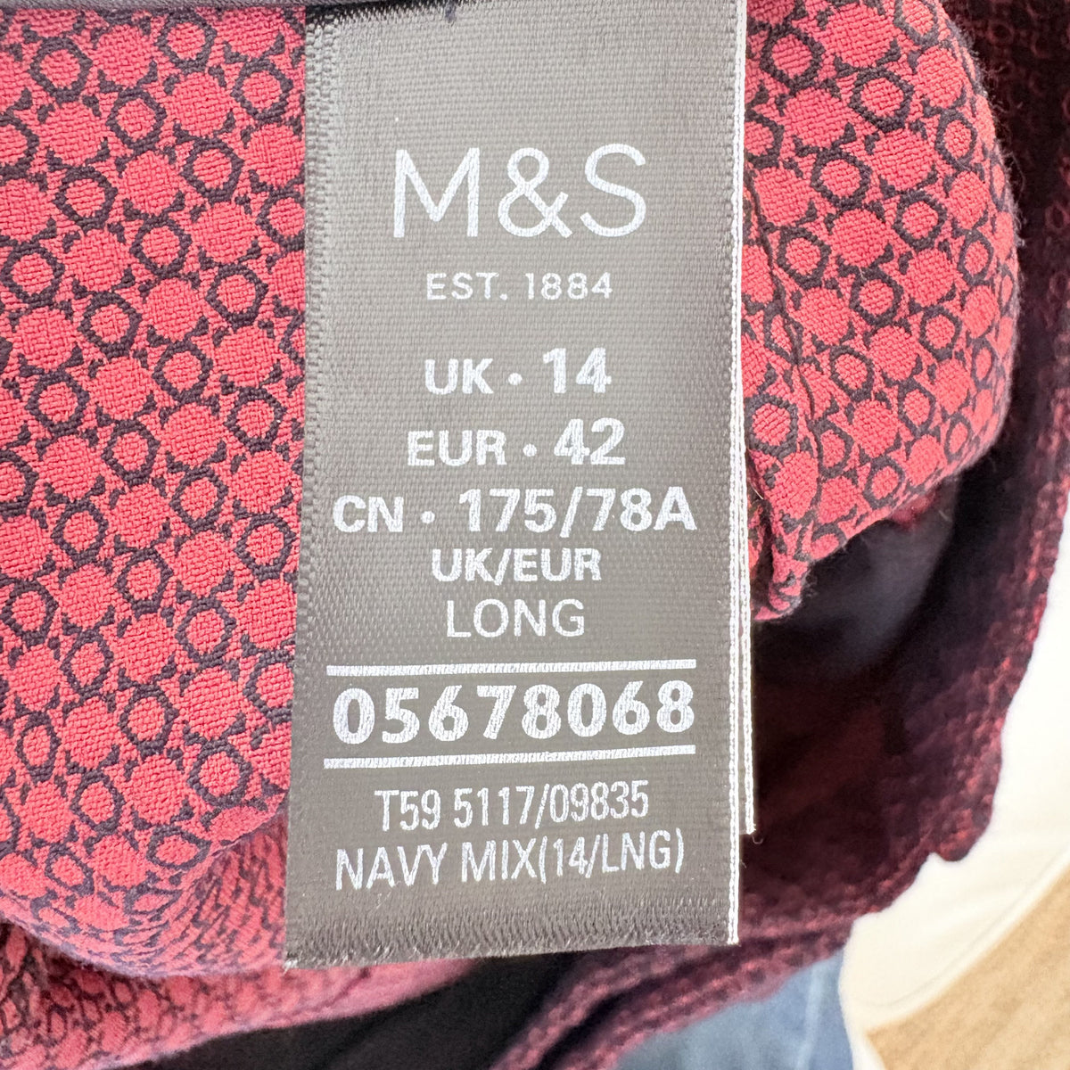 M&S Collection | Burgundy Navy Tailored Trousers | Geometric | UK 14 Long