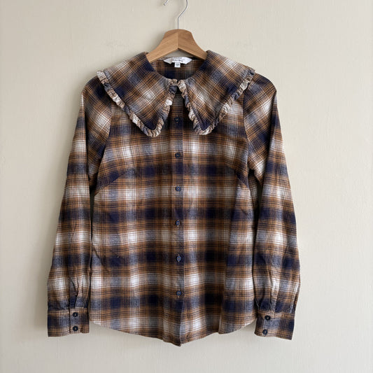 & Other Stories | Plaid Ruffle Collar Shirt | Brown Navy | Cottagecore | EU 34