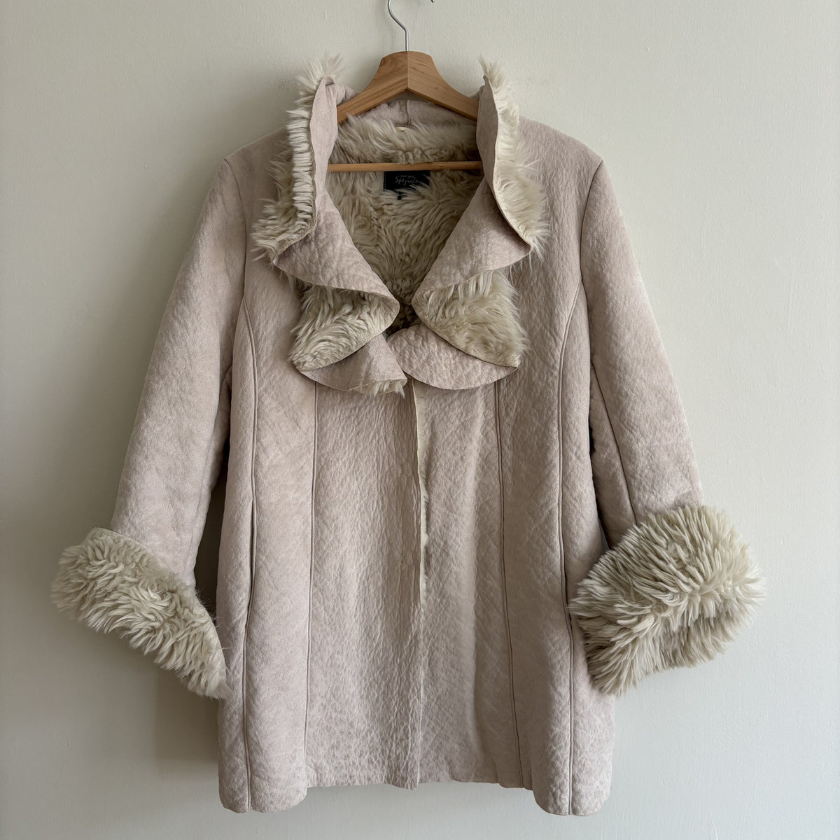 Y2K Vintage M&S Per Una Speciale | Faux Shearling Coat | Beige Ruffle | UK 12