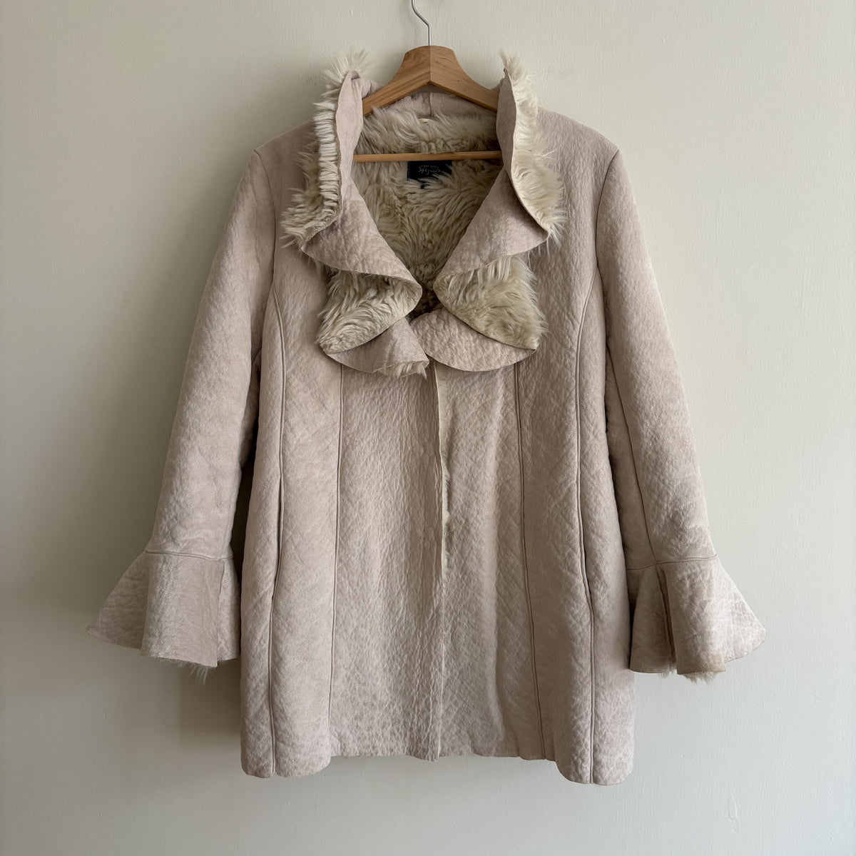 Y2K Vintage M&S Per Una Speciale | Faux Shearling Coat | Beige Ruffle | UK 12
