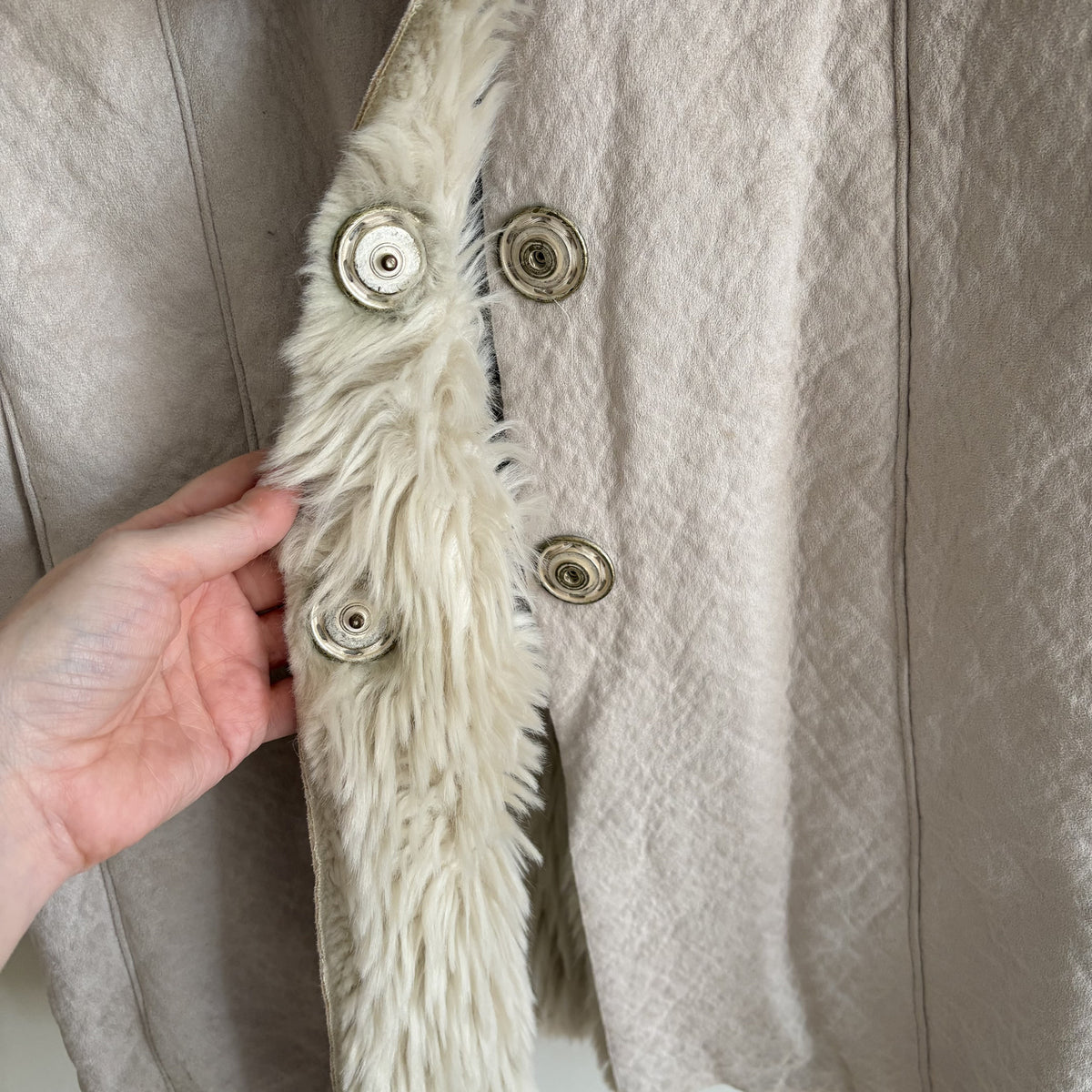 Y2K Vintage M&S Per Una Speciale | Faux Shearling Coat | Beige Ruffle | UK 12