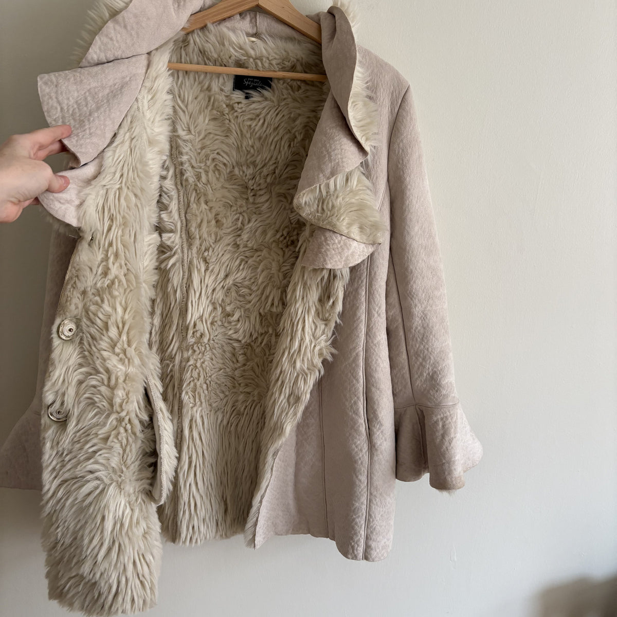 Y2K Vintage M&S Per Una Speciale | Faux Shearling Coat | Beige Ruffle | UK 12