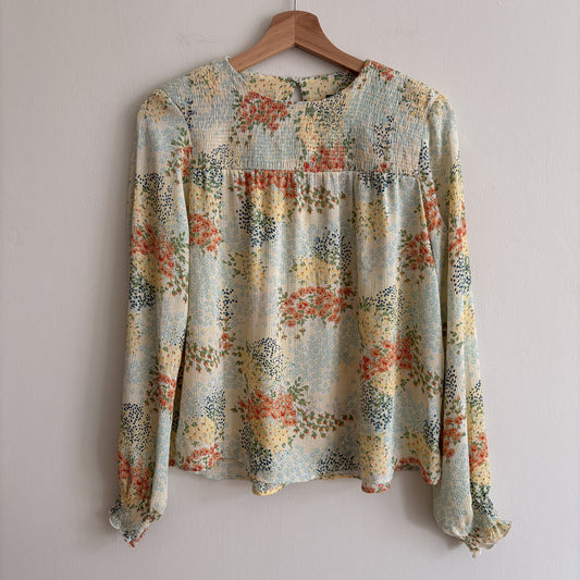 Zara Basic | Floral Smocked Blouse | Cream Multi | Romantic Cottagecore | S
