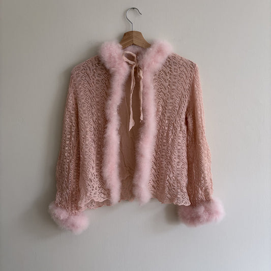 Vintage | Pink Lace Bed Jacket | Feather Trim | 1970s Boudoir | S/M