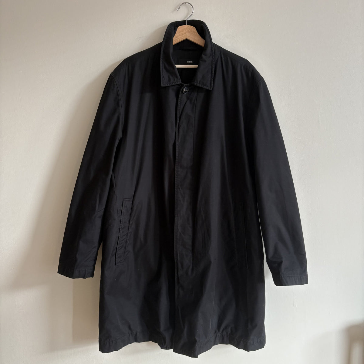 Hugo Boss | Black Long Car Coat Mac | Wool Lined | Minimalist Menswear 42R M/L