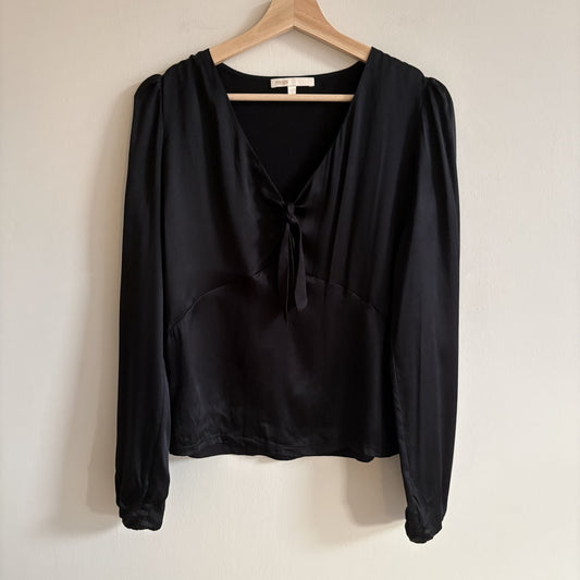 Maje | Black 100% Silk Tie Front Blouse | Parisian, Dark Romantic | Size 3 UK 12