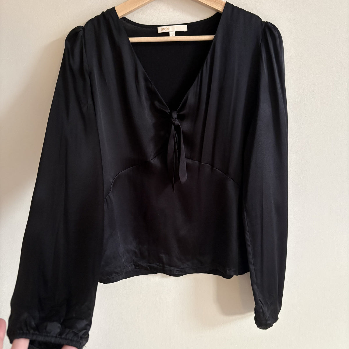 Maje | Black 100% Silk Tie Front Blouse | Parisian, Dark Romantic | Size 3 UK 12