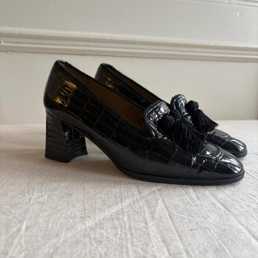 Russell & Bromley Tassel Court Shoes – Black Croc-Effect Leather – Size UK 4