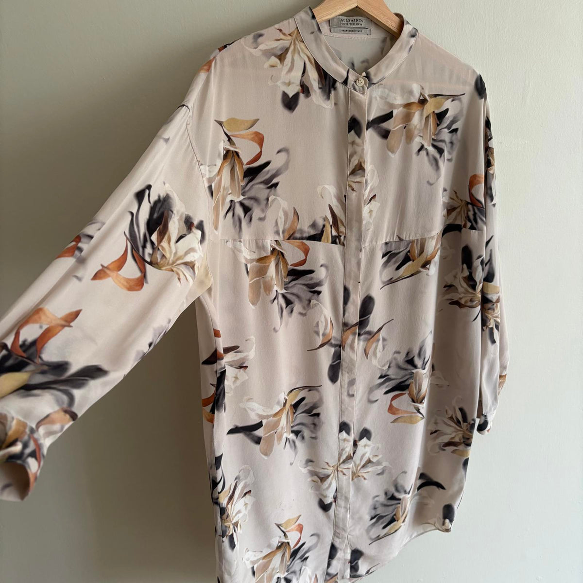 AllSaints Silk Helle Yoro Floral Shirt Dress UK 10 | Soft Romantic Dark Academia