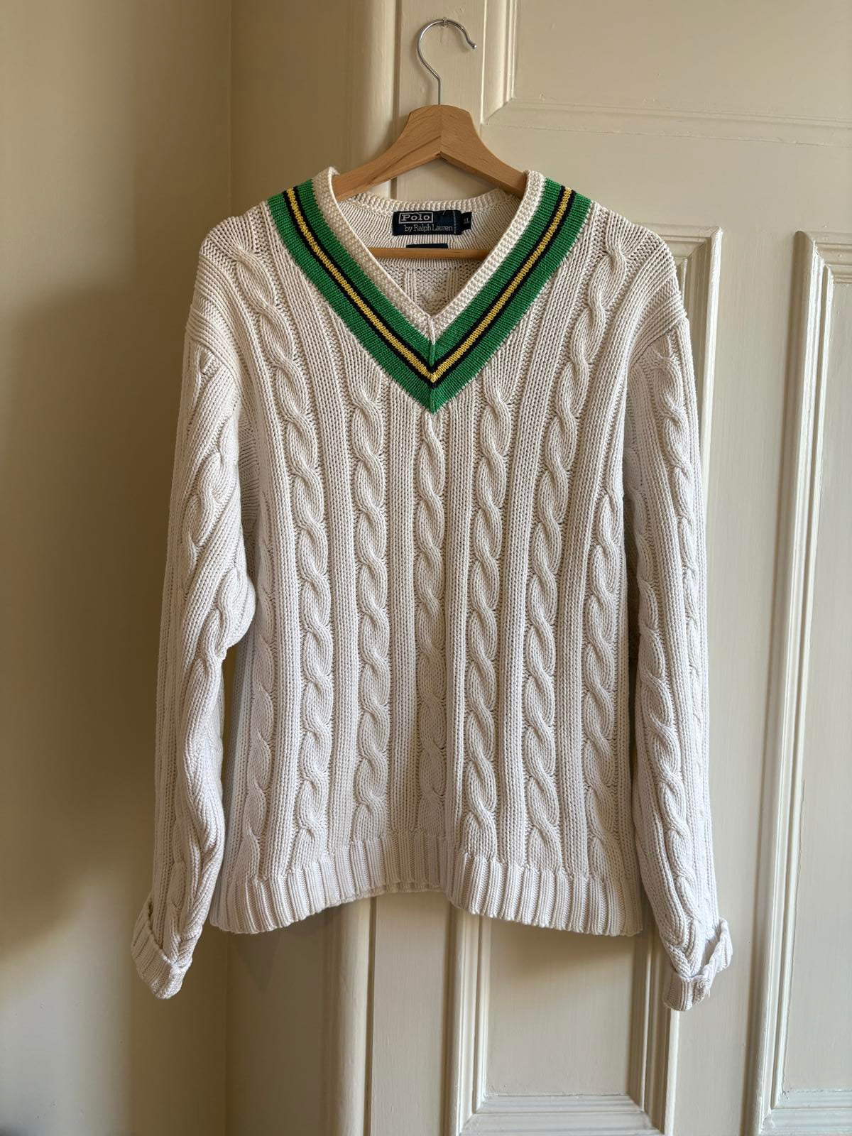 Polo Ralph Lauren Cable Knit Cricket Sweater XL Trim Fit Cream V-Neck Heritage