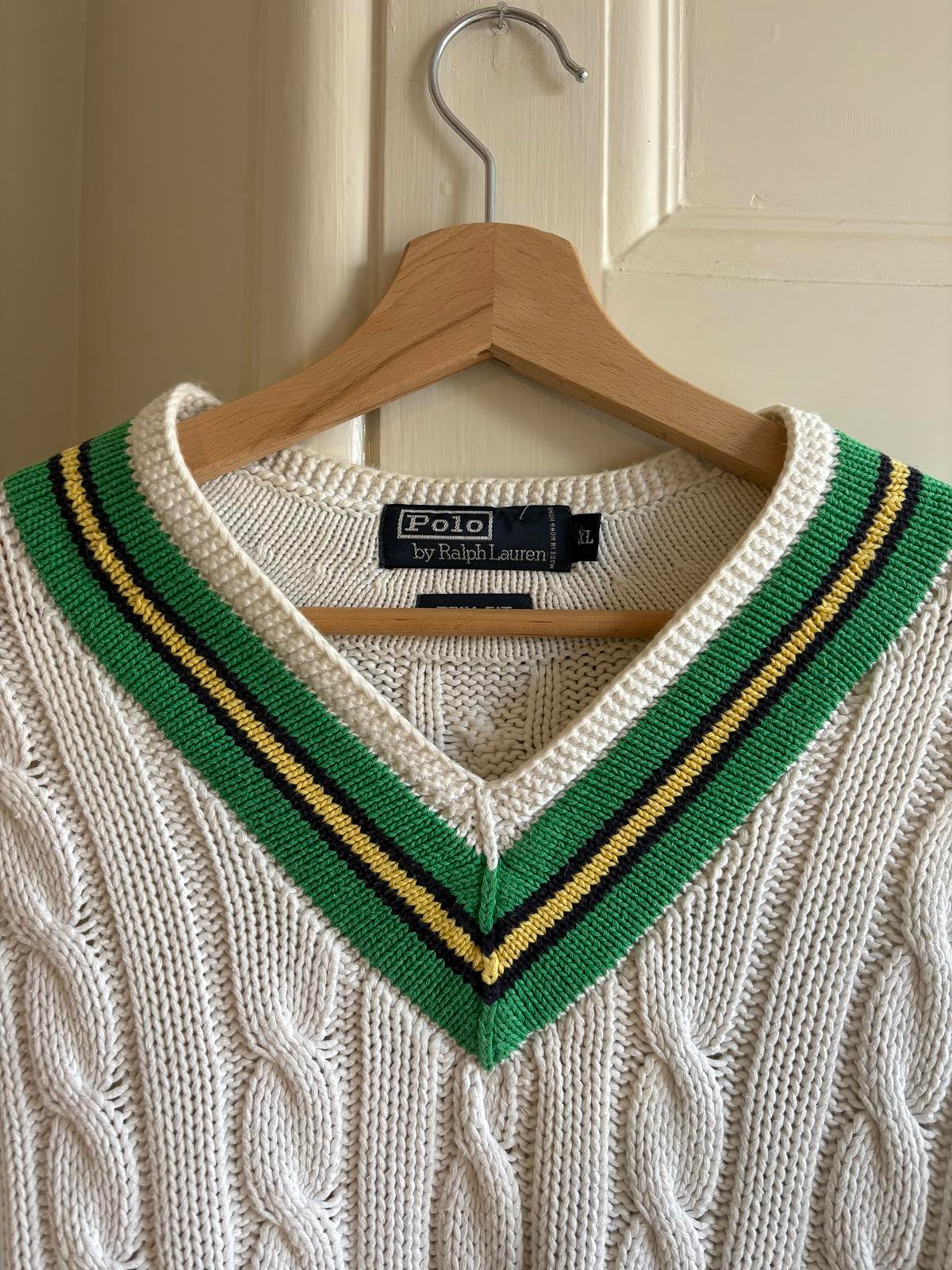 Polo Ralph Lauren Cable Knit Cricket Sweater XL Trim Fit Cream V-Neck Heritage