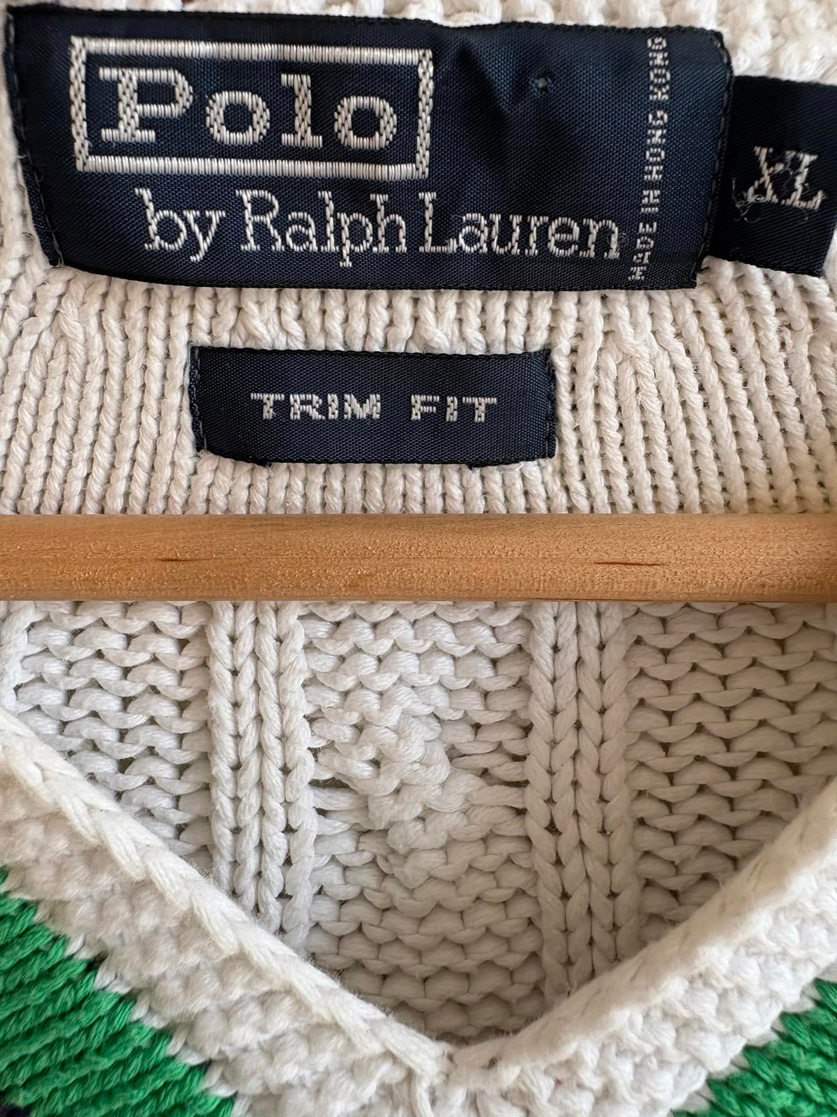 Polo Ralph Lauren Cable Knit Cricket Sweater XL Trim Fit Cream V-Neck Heritage